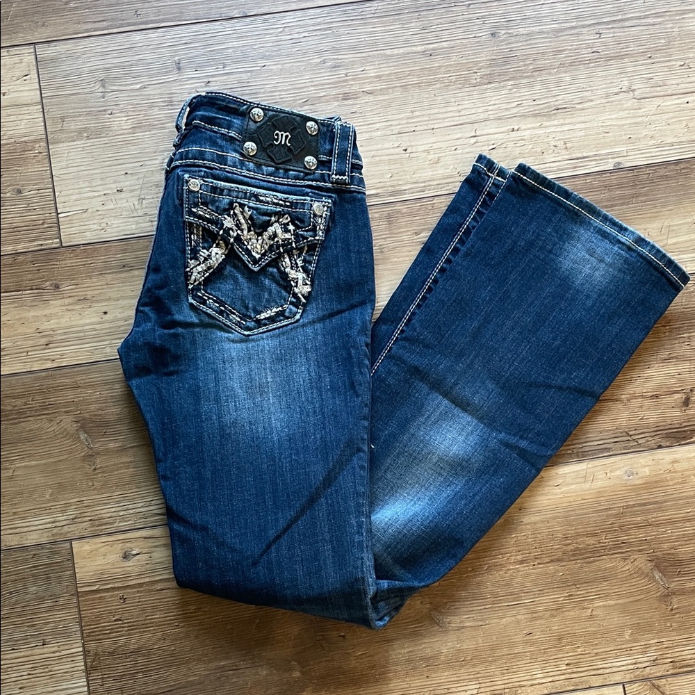Miss Me Dark Blue Bootcut Jeans with Embellished Pockets